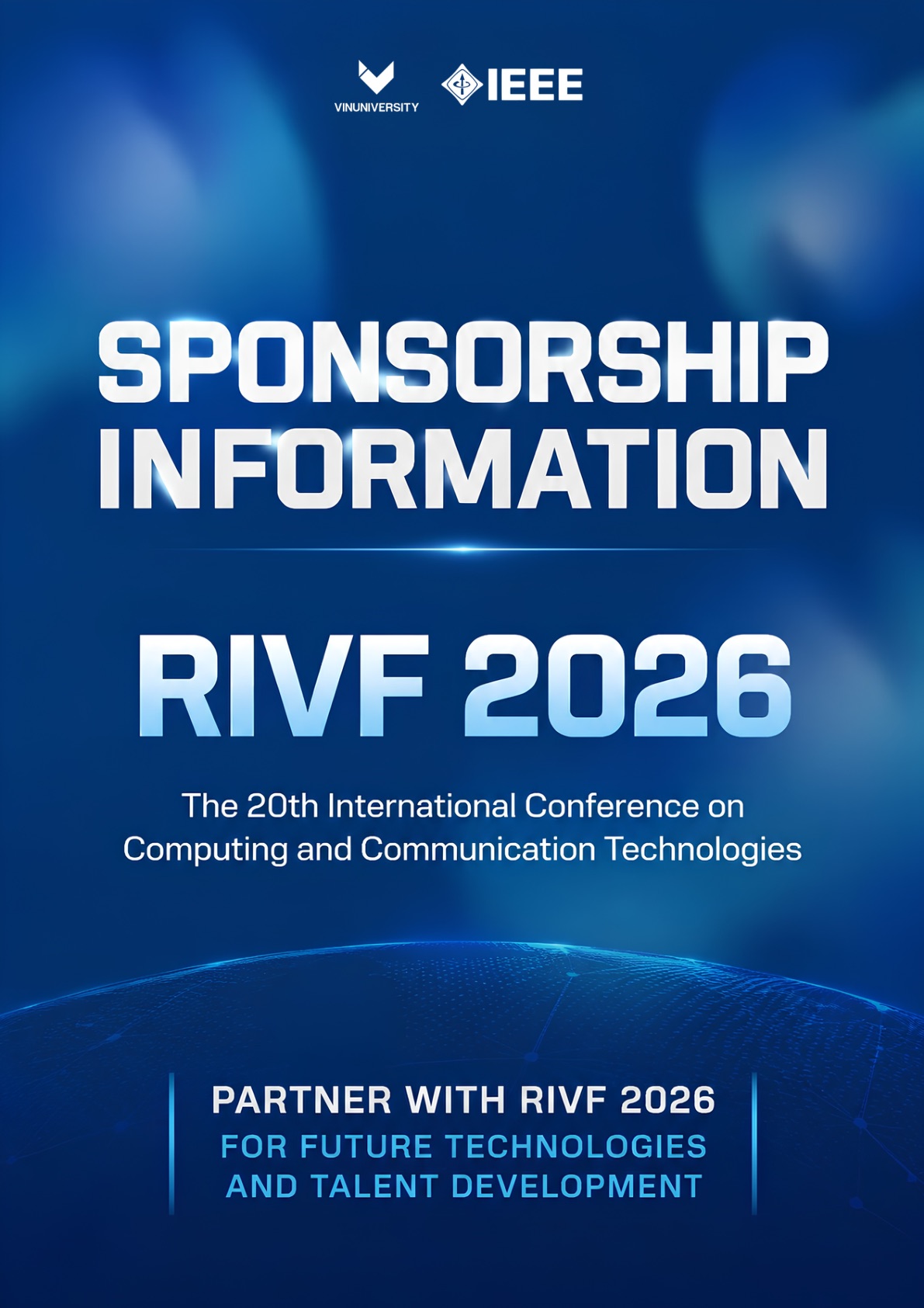 Brochure page 1: Sponsorship Information, RIVF 2026, the 20th International Conference on Computing and Communication Technologies. Partner with RIVF 2026 for future technologies and talent development.