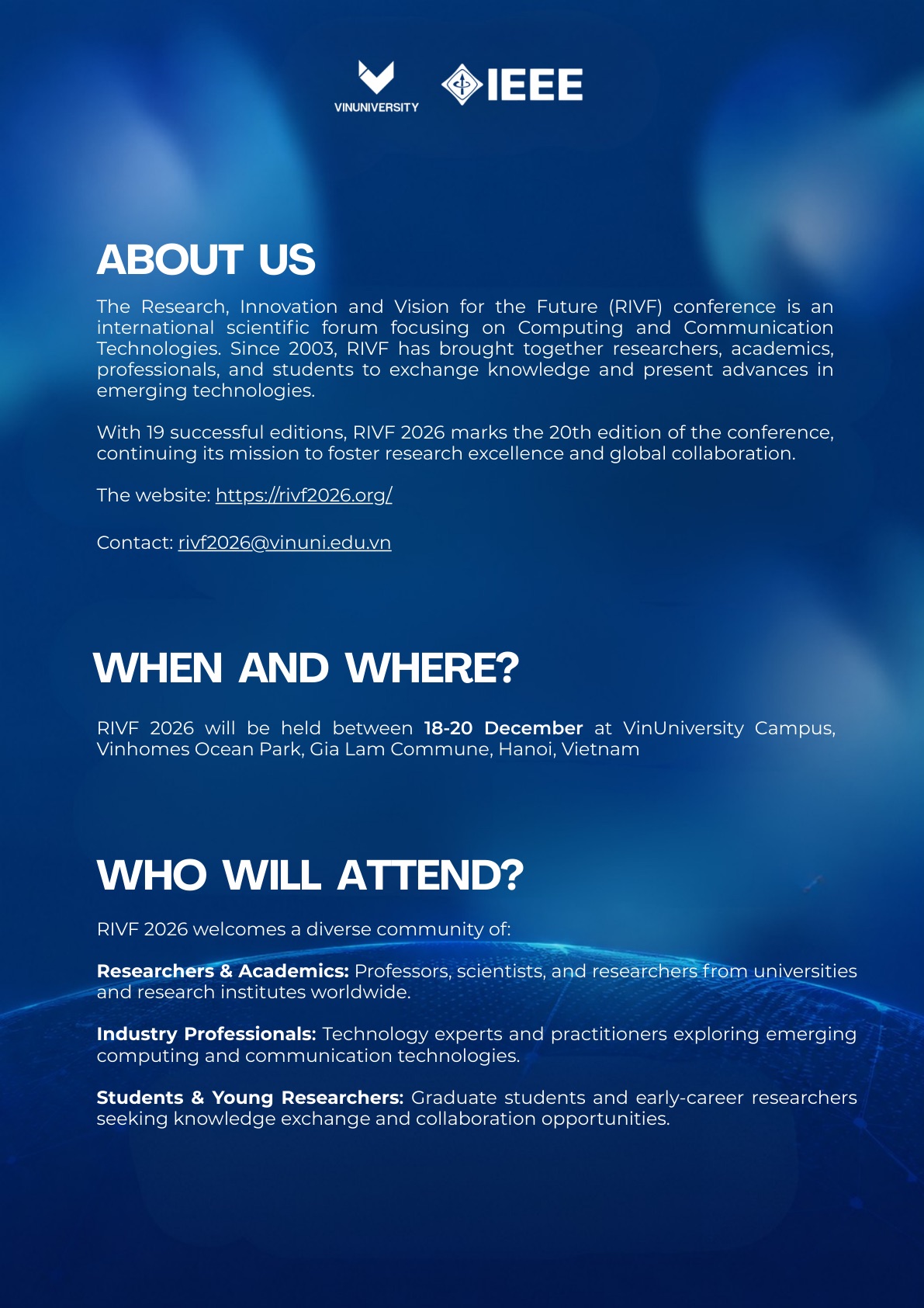 Brochure page 2: About RIVF, when and where the conference is held, and who will attend.