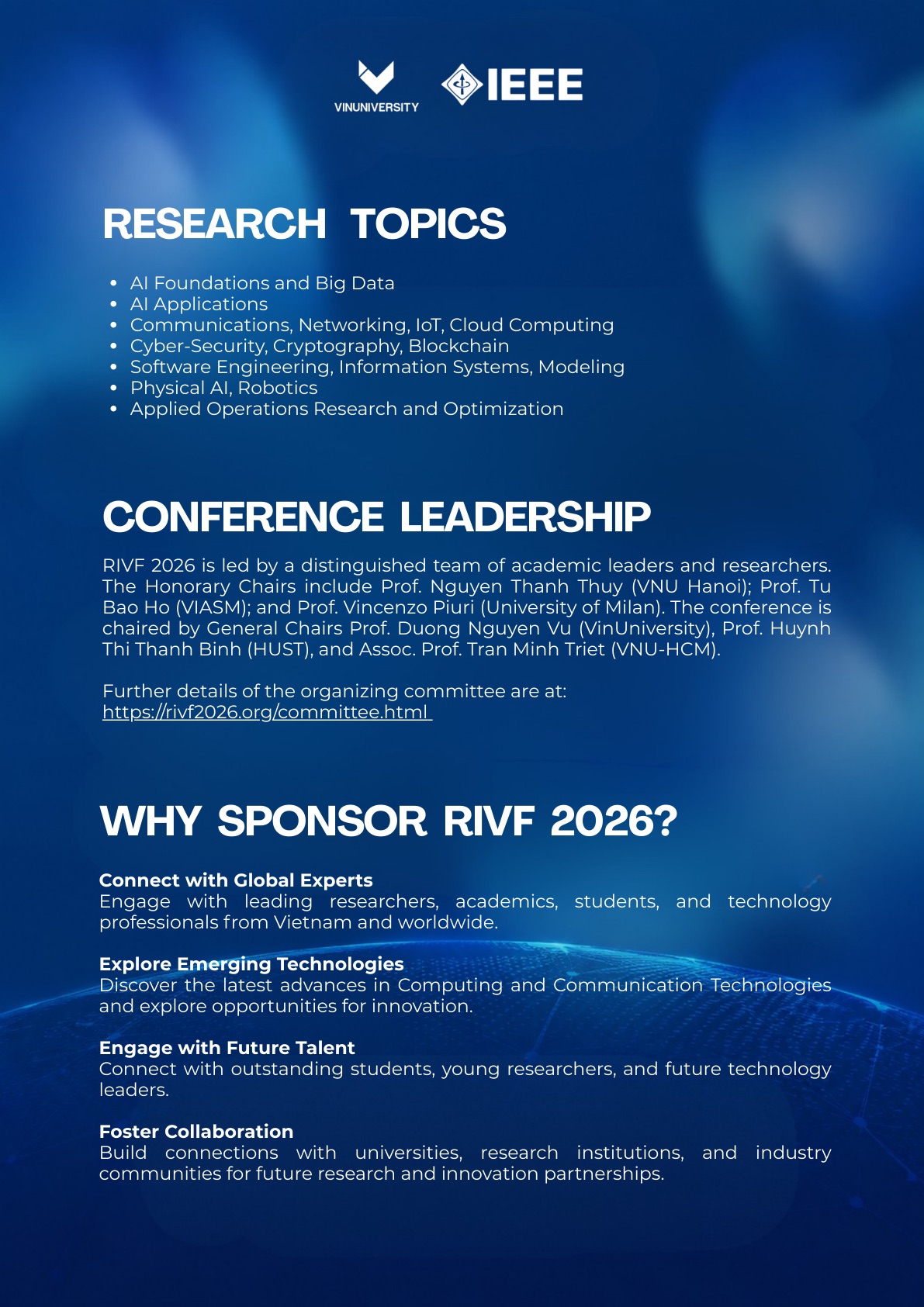 Brochure page 3: Research topics, conference leadership, and reasons to sponsor RIVF 2026.