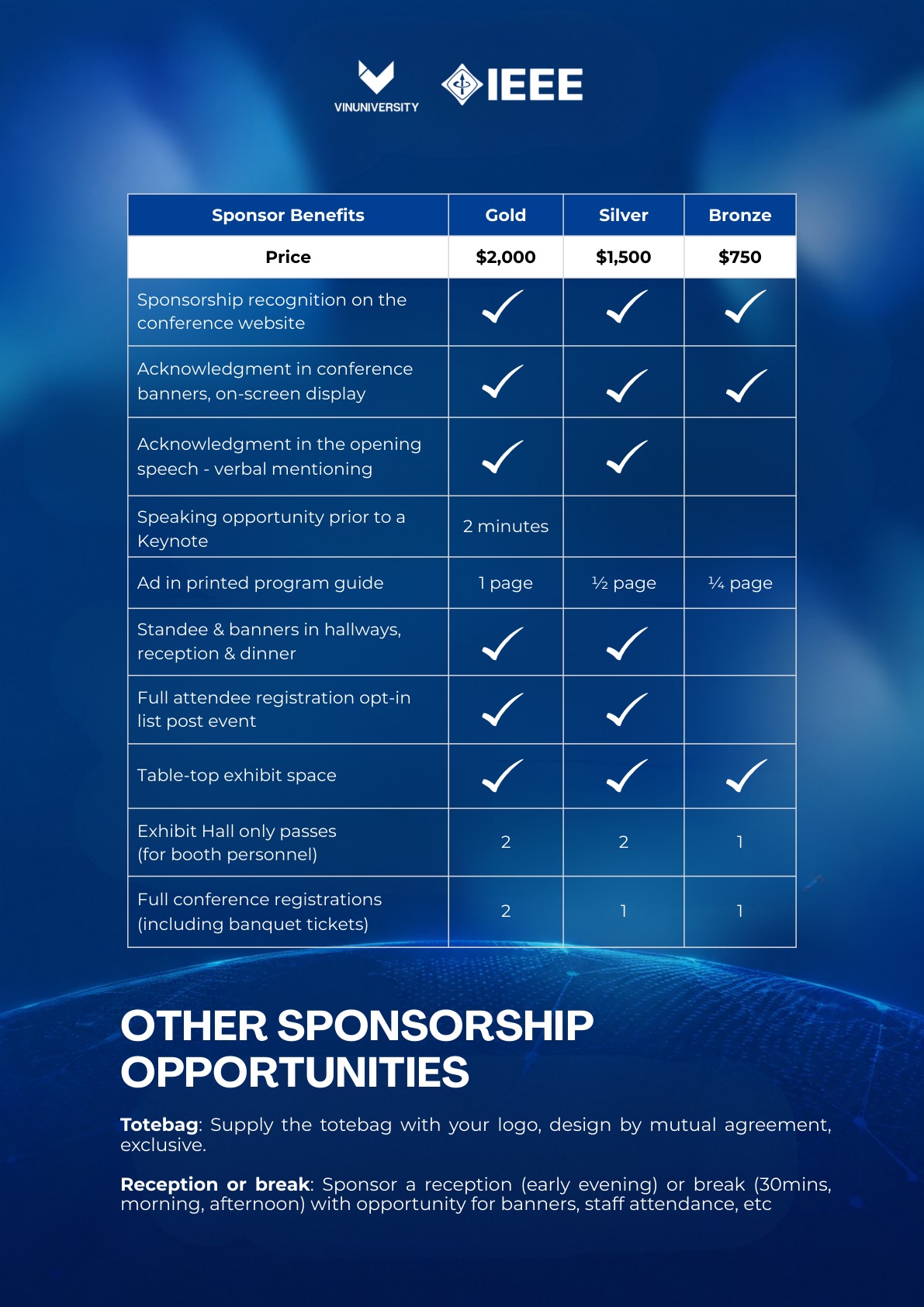 Brochure page 4: Sponsor benefits table for the Gold, Silver, and Bronze packages, and other sponsorship opportunities.